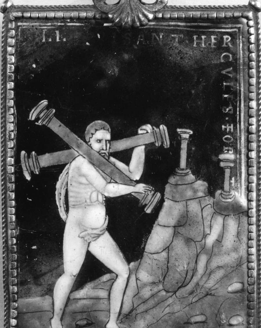 A 16th-century painted enamel plaque depicting Hercules carrying the two pillars at the Strait of Gibraltar